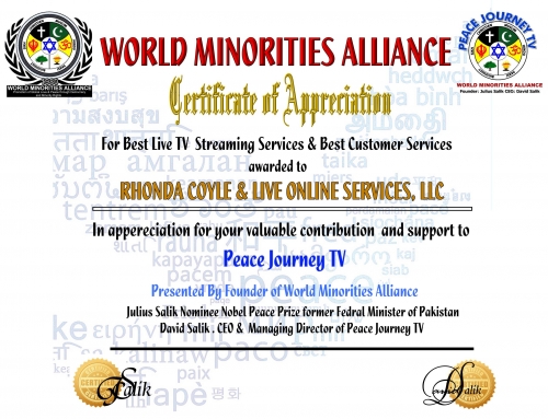 Recongnition by World Minorities Alliance & Peace Journey TV, Washington DC., USA (September 9th, 2018)